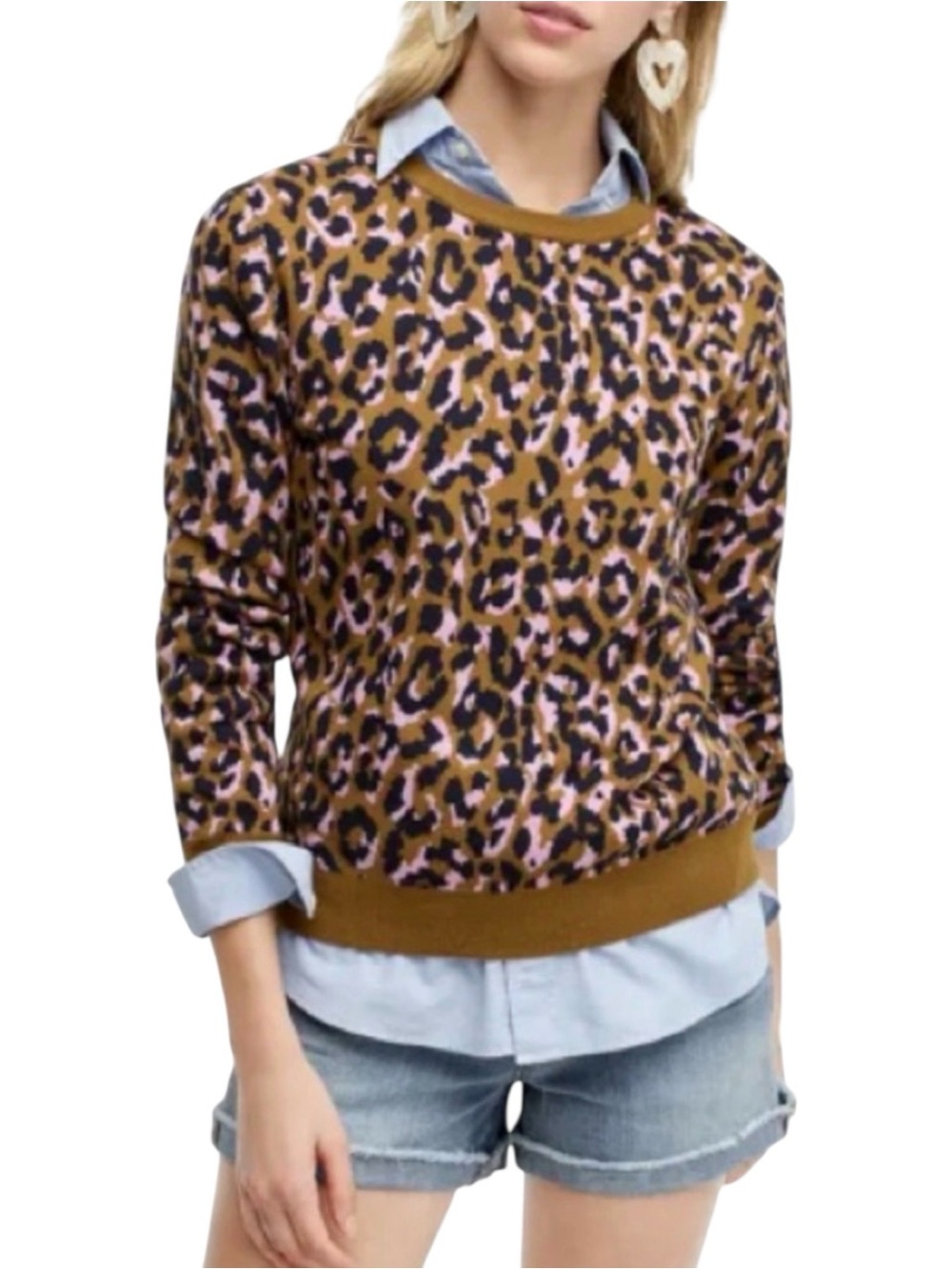 J. Crew Leopard Print Wool Blend Crewneck Sweater in Mod Leopard Bronze Medium